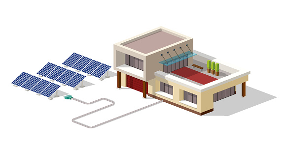 Eco house connected solar panels plant. House with alternative Eco Green Energy, 3d isometric infographic concept. Solar Panels set. Vector illustration