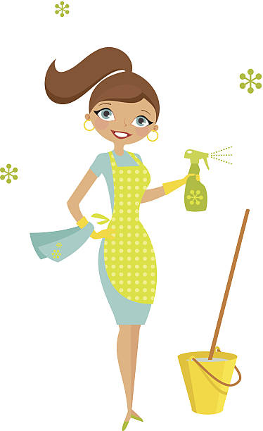 Eco housewife Young Woman housewife with towel, bucket and cleanser at her daily work. kitchen clipart stock illustrations
