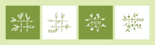 ilustrações de stock, clip art, desenhos animados e ícones de eco icons. floral hashtag of twigs with leaves. ecology signs vector set. hash tag symbols. perfect for healthy life promotion, organic products packaging, vegan food badges etc. - natural organic doodle tag