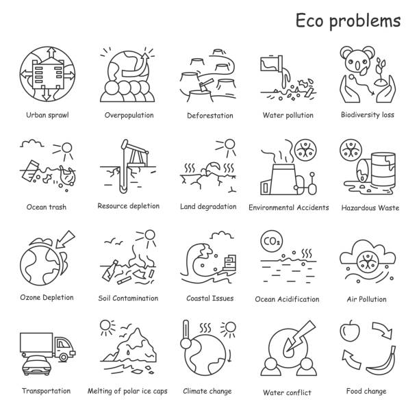 ilustrações, clipart, desenhos animados e ícones de ícones de problemas ecológicos definidos. perigos ambientais e problemas ecossistêmicos ilustrações simples de vetores - co2 lavoura