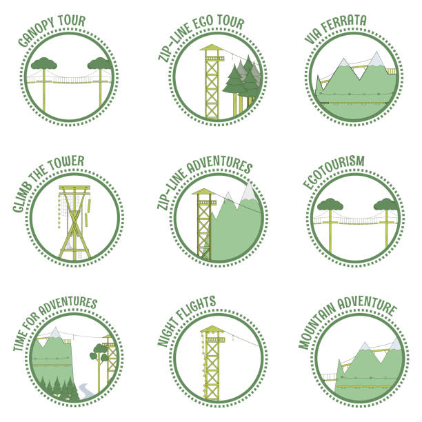 eco tourism and zip line stamps Set of eco tourism and zip line stamps. Vector illustration. alpine climate stock illustrations