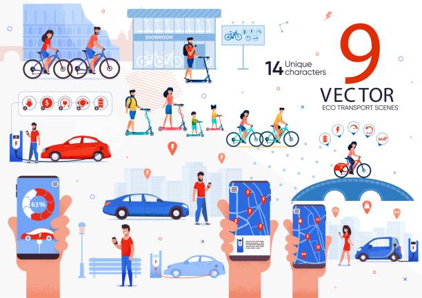 ilustrações de stock, clip art, desenhos animados e ícones de eco transport for city people vector scenes set - car charger