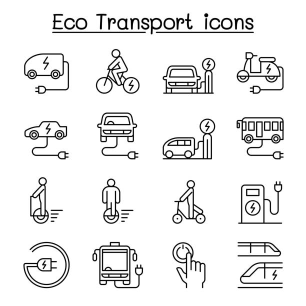 illustrazioni stock, clip art, cartoni animati e icone di tendenza di icona di trasporto eco impostata in stile linea sottile - electric scooter