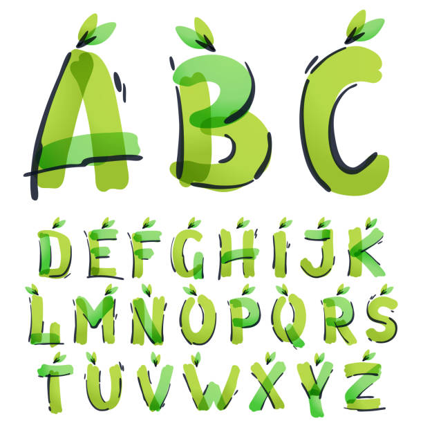 ökologie-alphabet mit grünen blättern handschriftlich mit einem filzstift. - brushed eco vector stock-grafiken, -clipart, -cartoons und -symbole