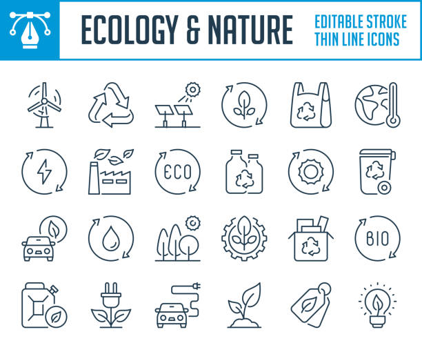 illustrations, cliparts, dessins animés et icônes de icônes de lignes minces écologie, environnement et nature. - climate change
