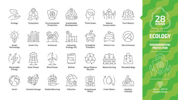 Ecology outline icon set with eco city, green technology, renewable energy, environmental protection, sustainable development, nature conservation, electric car & Earth editable stroke line symbols. Ecology outline icon set with eco city, green technology, renewable energy, environmental protection, sustainable development, nature conservation, electric car & Earth editable stroke line symbols. zero stock illustrations