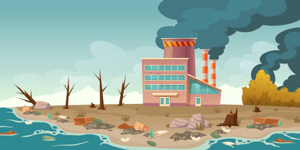 Ecology pollution, factory pipes emitting smoke Ecology pollution, factory pipes emitting smoke and make dirty air, rubbish floating in polluted ocean, lie on sea beach. Forest cutting, deforestation ecological problem, Cartoon vector illustration contamination stock illustrations