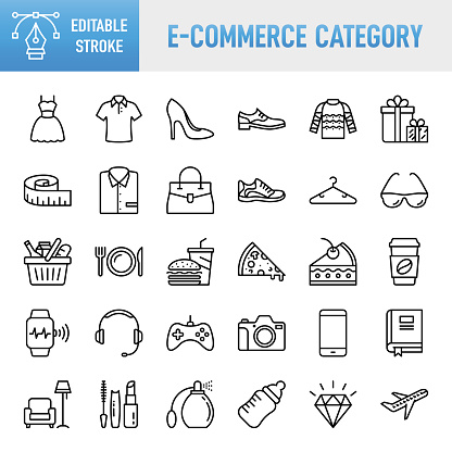 E-Commerce Category - Thin line vector icon set. 30 linear icon. Pixel perfect. Editable stroke. For Mobile and Web. The set contains icons: E-commerce, Online Shopping, Shopping, Delivering, Store, Fashion, Clothing, Jewelry, Food, Fast Food, Supermarket, Electronic