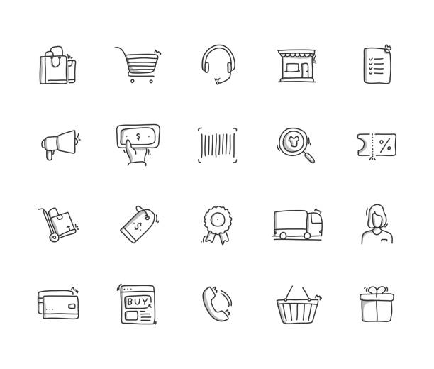 E-Commerce Hand Draw Line Icon Set E-Commerce Hand Draw Line Icon Set store drawings stock illustrations