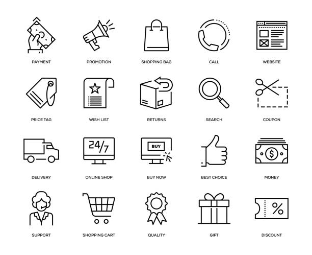 illustrazioni stock, clip art, cartoni animati e icone di tendenza di set di icone di e-commerce - shopping online