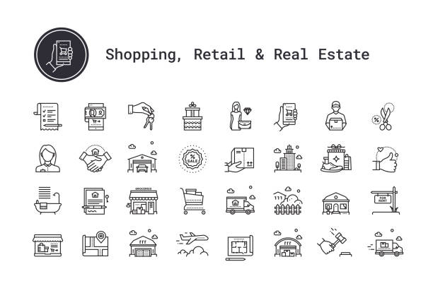 E-commerce, shopping, retail business, real estate, moving, buying house linear icons set. Vector clip art illustrations collection isolated on white background. E-commerce, shopping and retail business thin line icons. Real estate, city and residential homes signs. Modern linear logo concept for web, mobile application. Online shop, delivery service, sales, cash back, wish list symbols. House building, commercial property, floor plan, moving service, city map, realty business pictogram. Outline vector set. garage drawings stock illustrations