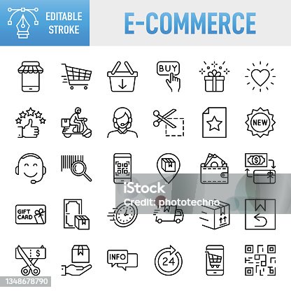 istock E-Commerce - Thin line vector icon set. Pixel perfect. Editable stroke. For Mobile and Web. The set contains icons: E-commerce, Online Shopping, Shopping, Delivering, Free Shipping, Store, Internet, Wish List, Shopping Cart, Shopping Bag, Supermarket 1348678790