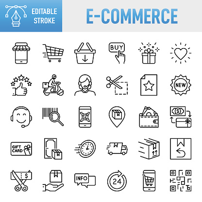 E-Commerce - Thin line vector icon set. 30 linear icon. Pixel perfect. Editable stroke. For Mobile and Web. The set contains icons: E-commerce, Online Shopping, Shopping, Delivering, Free Shipping, Store, Internet, Wish List, Shopping Cart, Shopping Bag, Supermarket