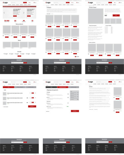 Ecommerce website template, set of six web pages. Flat design layout Ecommerce website template, set of six web pages. Flat design layout website wireframe stock illustrations