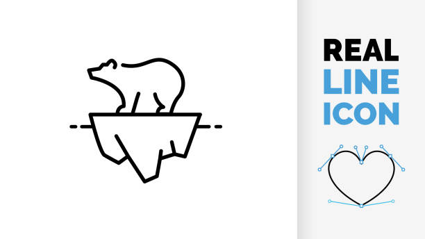 Editable line icon of a polar bear on a small ice sheet because of global warming  arctic stock illustrations