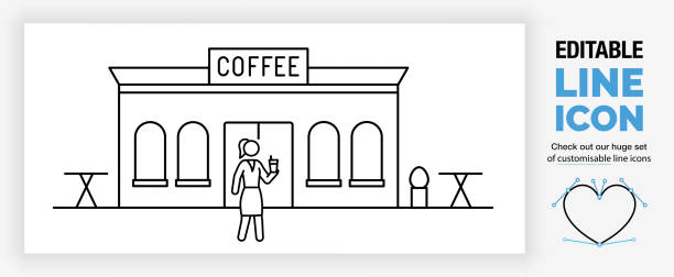 stockillustraties, clipart, cartoons en iconen met bewerkbaar echt lijnpictogram van een koffiewinkelgebouw met inbegrip van lijsten - koffie nederland
