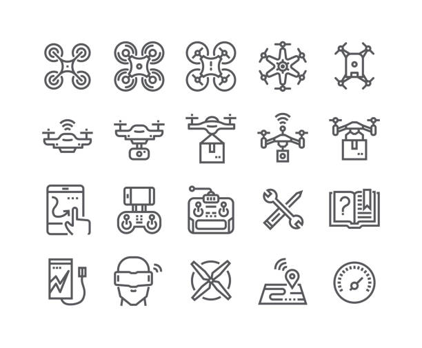 Editable simple line stroke vector icon set,air drones, quadrocopters and remote control drones and more. 48x48 Pixel Perfect. Editable simple line stroke vector icon set,air drones, quadrocopters and remote control drones and more. 48x48 Pixel Perfect. drone icons stock illustrations