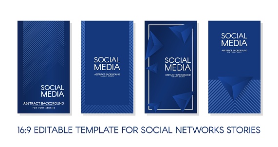 Editable Stories vector template pack 16:9. Classic blue design backgrounds for social media. Banner background, website, mobile app, poster, flyer, coupon, gift card, smartphone template, web design