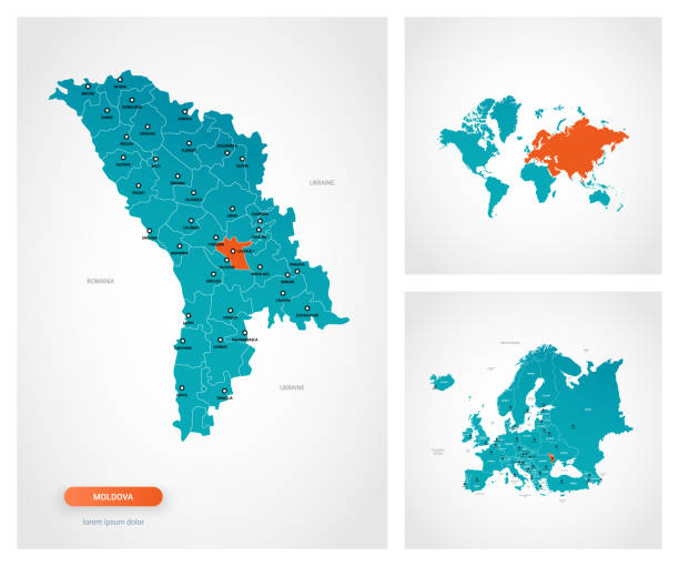 마크가 있는 몰도바 지도의 편집 가능한 템플릿입니다. 세계지도와 유럽지도몰도바. - 몰도바 stock illustrations