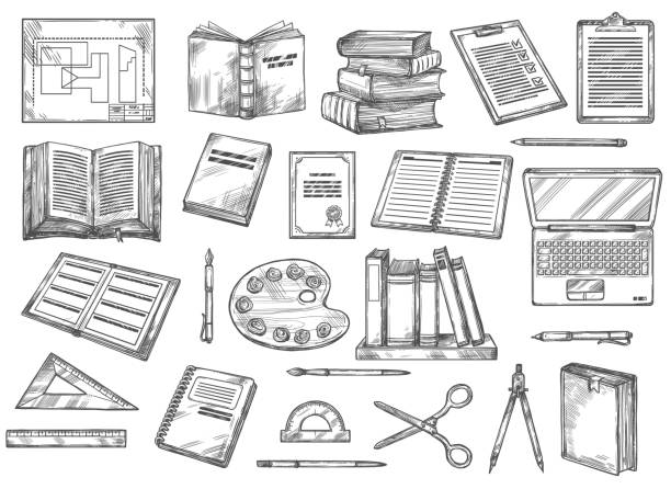 Education and knowledge, books and stationery Books and stationery sketches, education and knowledge. Vector scheme, draft and book, check list and textbooks, palette and pencil, shelf and laptop, brush and rulers, scissors divider, protractor drawing of a bookshelf stock illustrations
