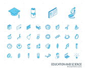 Isometric line icon set. 3d vector colorful illustration with education, learning, think symbols. Book, microscope, calculator, pen, elearning, teacher colorful pictogram Isolated on white