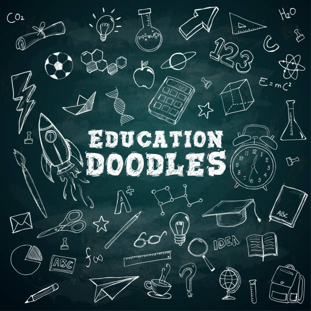 bildbanksillustrationer, clip art samt tecknat material och ikoner med utbildning doodles text skolan stationära doodles bundle pack på blackboard - svarta tavlan