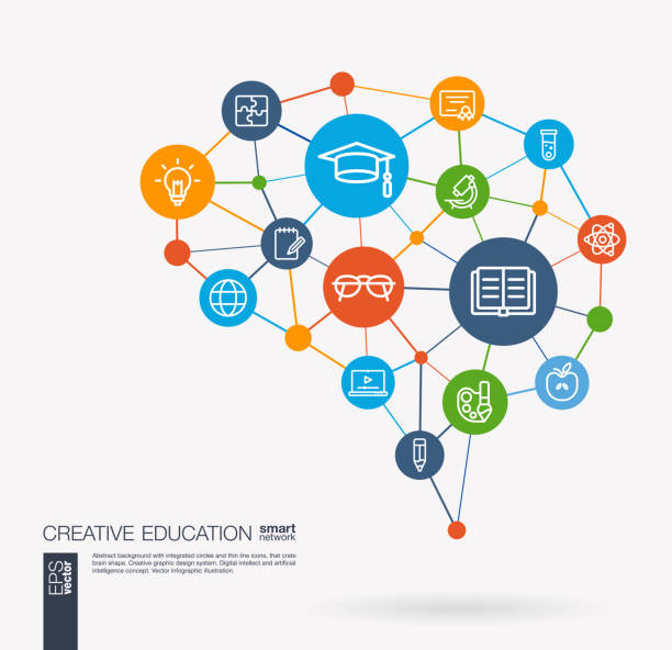 Education, elearning, graduation and school integrated business vector line icon set. Digital mesh smart brain idea. Futuristic interact neural network grid connect. AI creative think system concept. Digital mesh smart brain idea. Futuristic interact neural network grid connect. Education, elearning, graduation and school integrated business vector line icon set. headwear stock illustrations