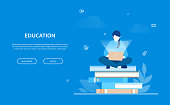 Education - flat design style colorful web banner on blue background with copy space for your text. Composition with a female student sitting on a big pile of books, working at the computer, laptop