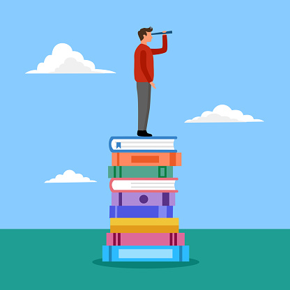 Education future vision vector illustration. Young man standing on stack of books holding telescope and looking for the future.