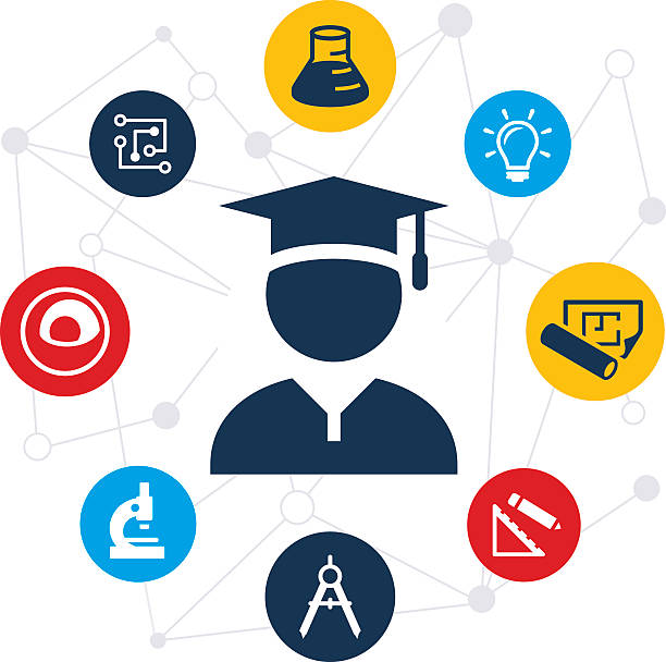 STEM Education Graduate Illustration An illustration of a student with symbols of science, technology, engineering and mathematics surrounding them. The illustration symbolizes STEM education. graduation drawings stock illustrations