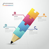 education infographic template design with puzzle pencil elements