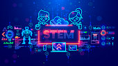 istock STEM education of kids through internet on laptop. Children study Engineering professions, software development, robotics technology, 3d printing, game dev. Computer tech remote school for young geek. 1340047332
