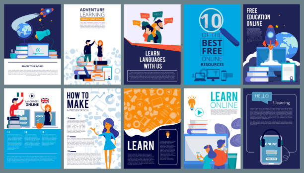 Education online covers. Posters or ads flyer template with educational concept teachers fro internet training courses vector design Education online covers. Posters or ads flyer template with educational concept teachers fro internet training courses vector design. Language course poster ad, e-leaning resourse illustration teacher patterns stock illustrations