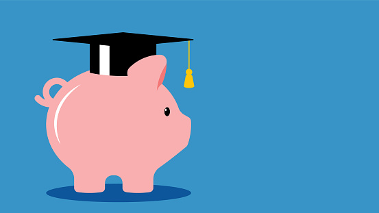 Education Savings. Pig piggy bank in a graduation cap. The concept of investment in higher education. Vector illustration of fucking banner, article. Template.