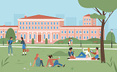 istock Education scene, happy students sitting on summer park green grass together, studying 1307239375