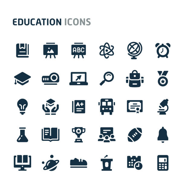 Education Vector Icon Set. Fillio Black Icon Series. Simple bold vector icons related to school and education. Symbols such as stationery, school activities and equipment are included in this set. Editable vector, still looks perfect in small size. education icons stock illustrations