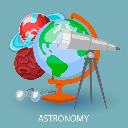 Educational astronomy banner with earth globe, telescope, google