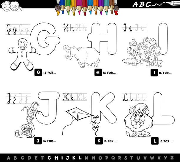educational cartoon alphabet for kids coloring page Black and White Cartoon Illustration of Capital Letters Alphabet Educational Set for Reading and Writing Learning for Children from G to L Coloring Book gingerbread man coloring page stock illustrations