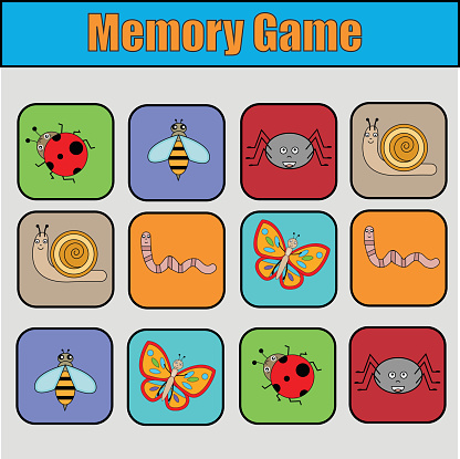 Educational children game, kids activity. Memory game with insects