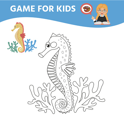Educational game for children. Coloring book. Cute Seahorse.
