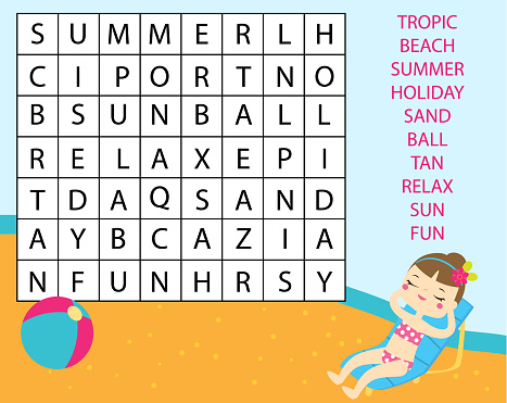Educational game for children. Word search puzzle kids activity. Summer holidays theme learning vocabulary