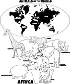 Black and White Educational Cartoon Illustration of African Animals and World Map with Continents Coloring Book Page