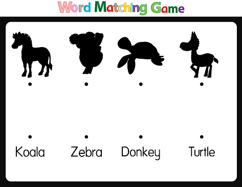 Educational illustrations by matching words for young children. Learn words to match pictures. as shown in the animal category