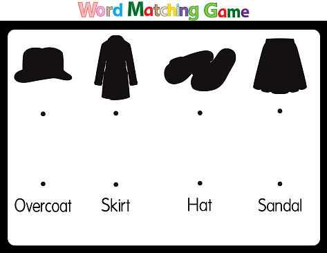 Educational illustrations by matching words for young children. Learn words to match pictures. as shown in the cloths category