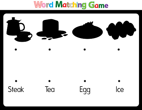 Educational illustrations by matching words for young children. Learn words to match pictures. as shown in the food category