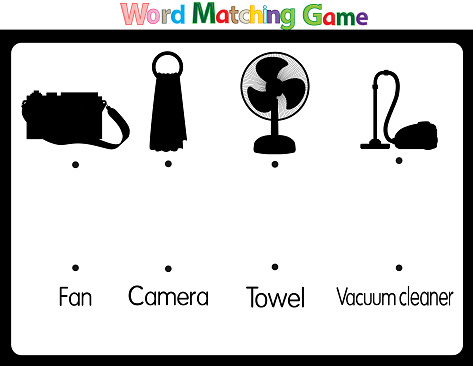 Educational illustrations by matching words for young children. Learn words to match pictures. as shown in the house  category