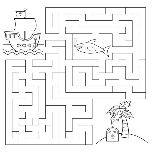 Educational maze game for children. Help the pirates ship find right way to the island with treasure chest, beware of shark! Coloring page. Vector illustration coloring pages stock illustrations