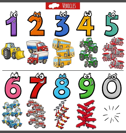 educational numbers set with cartoon transport vehicles
