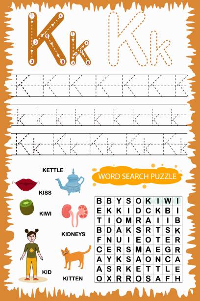 educational worksheet for children learning the English alphabet. Handwriting and crossword puzzle game for memorizing words. Letter K  printable of fish drawing stock illustrations
