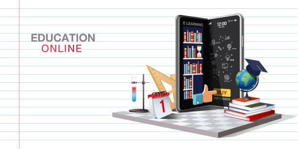 E-Education Online e-education Online on Website and Mobile Application, Vector Concept teacher backgrounds stock illustrations